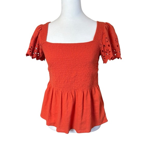 Madewell Eyelet Sleeve Lucie Smocked Peplum Blouse XS Fresh Chili Terracotta - Picture 3 of 12